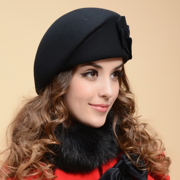 Béret chapeau noir laine à fleurs Béret en laine Béret femme Béret noir