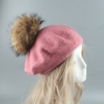 Béret gris à pompon en fourrure femme Béret femme