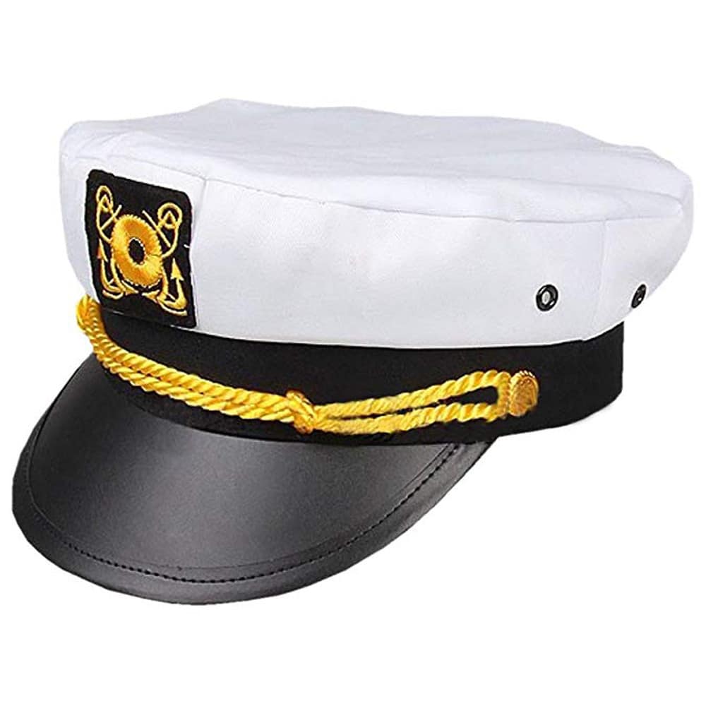 Béret casquette blanc de marin et sa visière noir et ses détails dorés.