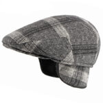Béret casquette cache-oreille en laine à carreaux gris homme