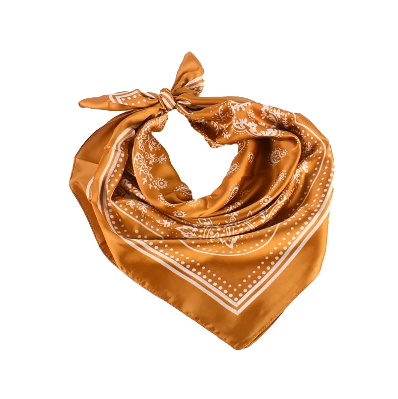 Foulard carré style vintage en soie camel motif fleur de cajou