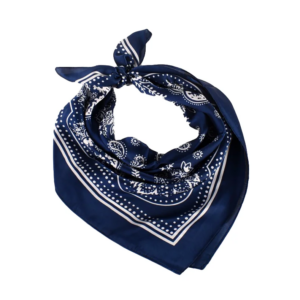 Foulard carré style vintage en soie motif fleur de cajou bleu marine