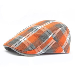 Béret casquette gavroche en coton imprimé à carreaux orange homme