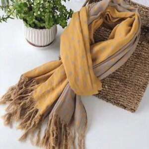 Echarpe d'hiver en coton jaune et beige à carreaux