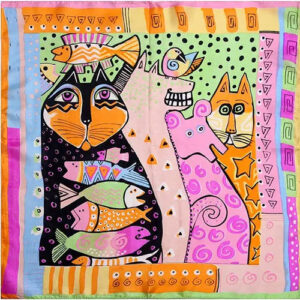 foulard en soie avec imprime chat et poisson colores psychedelique
