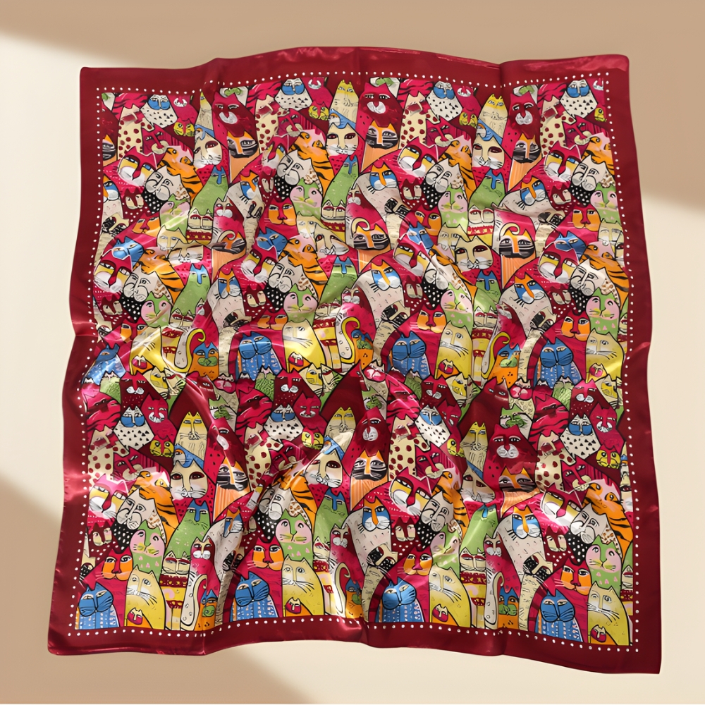 carré de soie imprimé de chats multicolore type spychédélique.